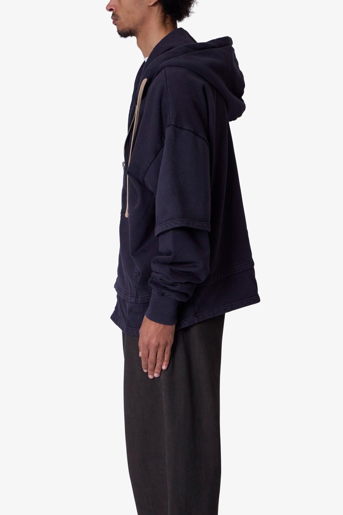 Double Layer Zipper Sweater - Washed Black Product Image