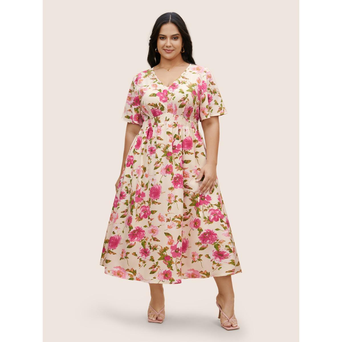 Plus Size V Neck Floral Shirred Flutter Sleeve Dress Ivory Women Elegant Shirred V-neck Short sleeve Curvy BloomChic 14-16/1X Product Image
