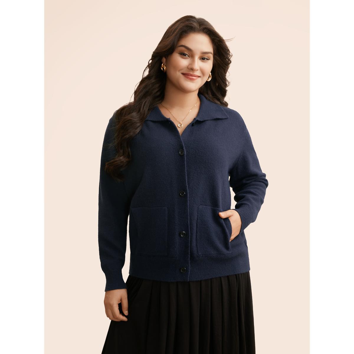 Plus Size Plain Patched Pocket Button Up Cardigan Indigo Women Elegant Loose Long Sleeve Everyday Cardigans BloomChic 26/4X Product Image