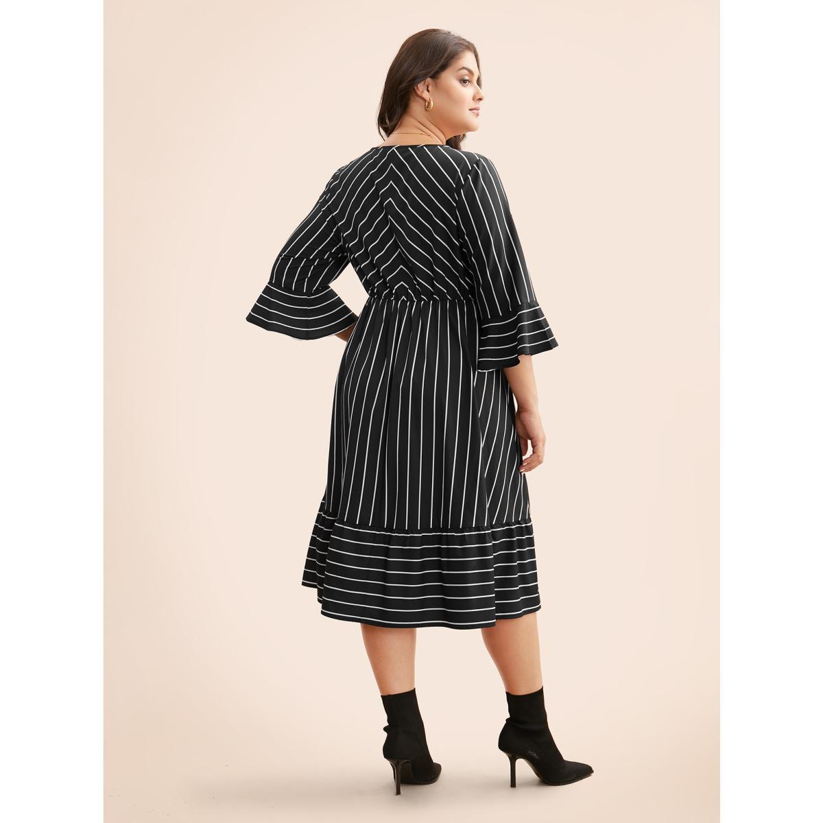 Plus Size Striped Flutter Sleeve Midi Dress Black Women At the Office Ruffles Round Neck Elbow-length sleeve Curvy BloomChic 22-24/3X Product Image