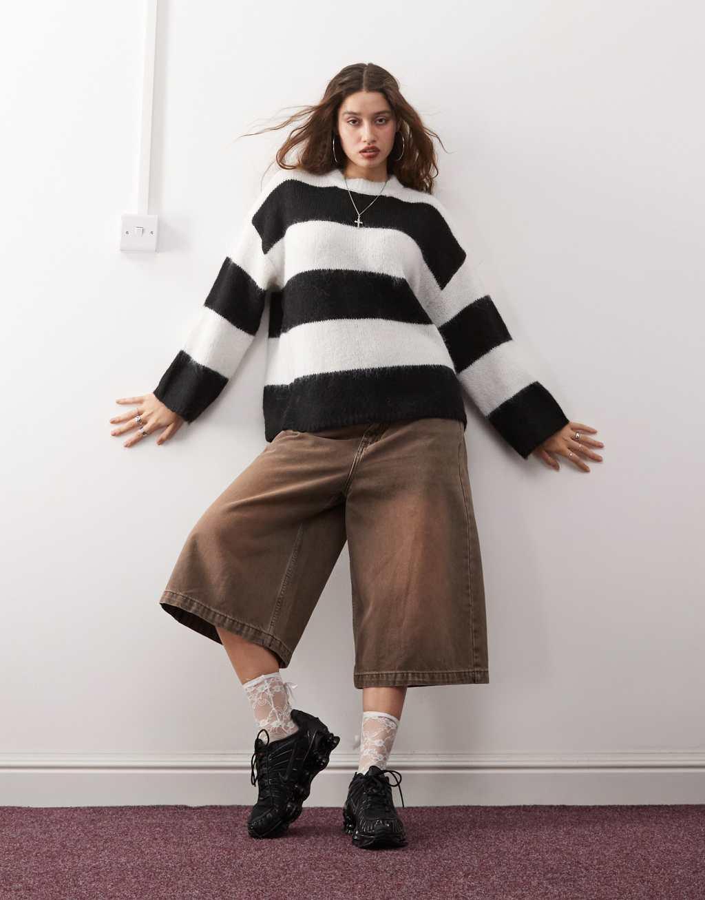 Noisy May oversize fuzzy sweater in black & stone stripes Product Image