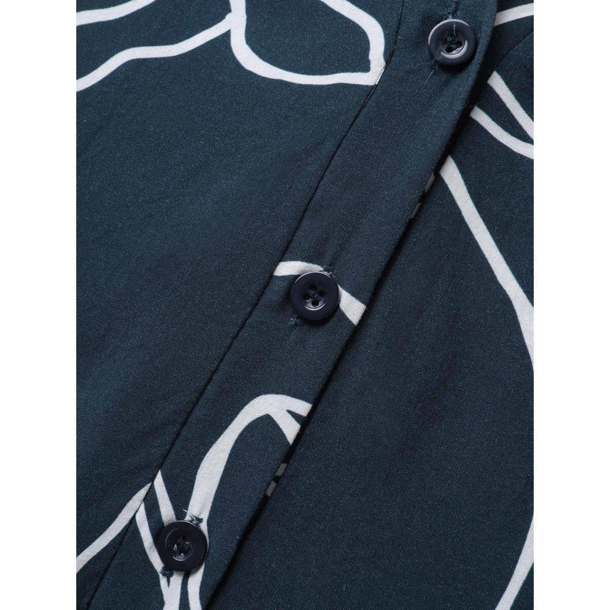 Plus Size Floral Print Cinched Flared Knee-Length Dress DarkBlue Women Shirt collar Short sleeve Curvy BloomChic 10/M Product Image