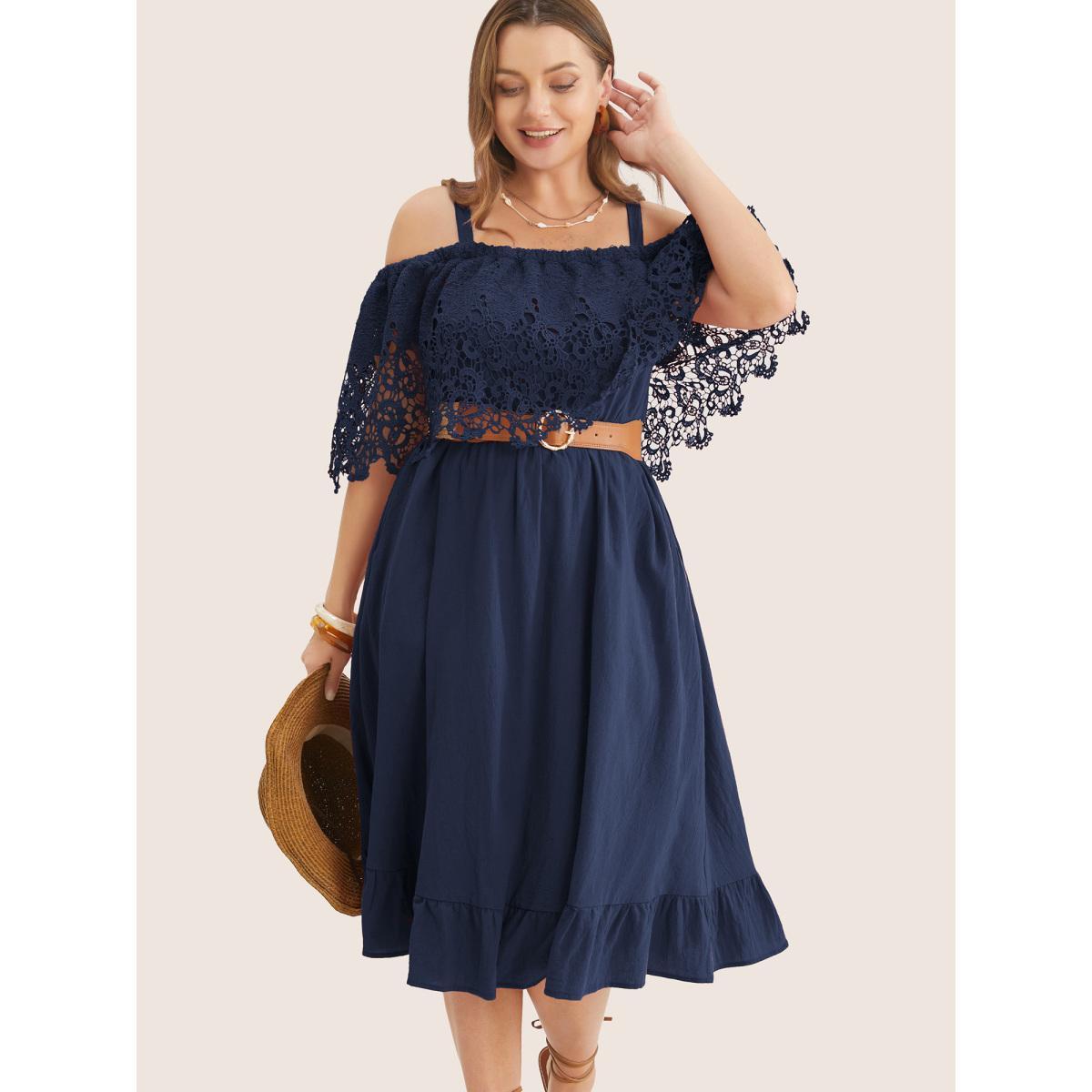 Plus Size Solid Cold Shoulder Contrast Lace Pocket Ruffle Hem Dress Navy Women Resort Broderie anglaise Non Short sleeve Curvy Midi Dress BloomChic 22-24/3X Product Image