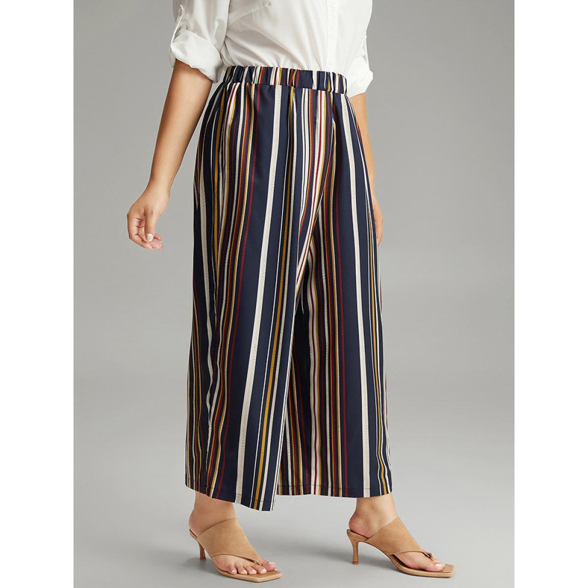 Plus Size Colour Striped Contrast Elastic Waist Wide Leg Pants Women Multicolor Casual Wide Leg High Rise Dailywear Pants BloomChic 12/L Product Image