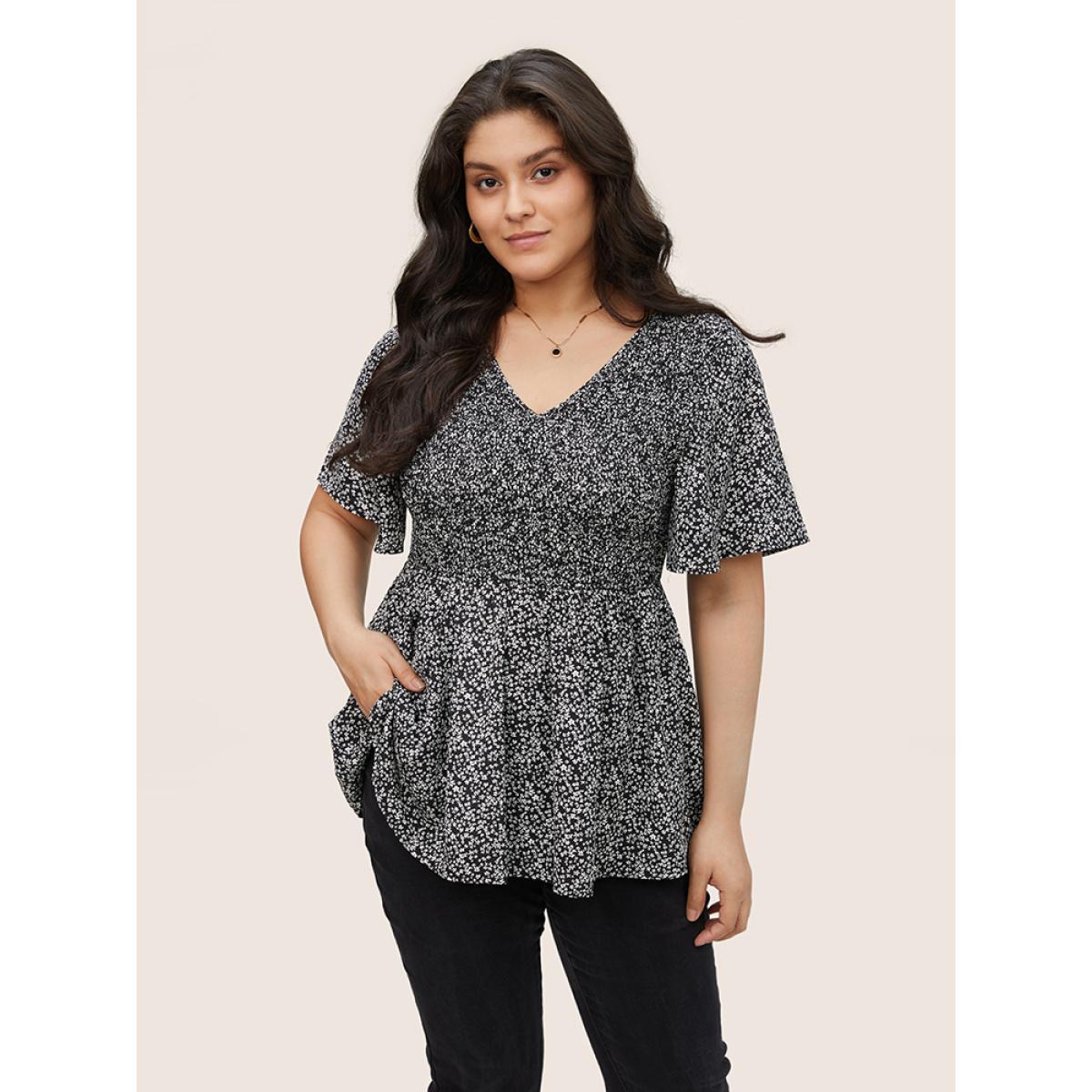 Plus Size Black Ditsy Floral Shirred Ruffle Sleeve Elastic Waist Blouse Women Elegant Short sleeve V-neck Everyday Blouses BloomChic 22-24/3X Product Image