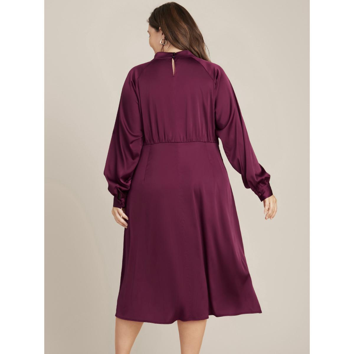 Plus Size Solid Pocket Keyhole Mock Neck Satin Midi Dress RedViolet Women Party Pocket Mock Neck Long Sleeve Curvy Midi Dress BloomChic 12/L Product Image