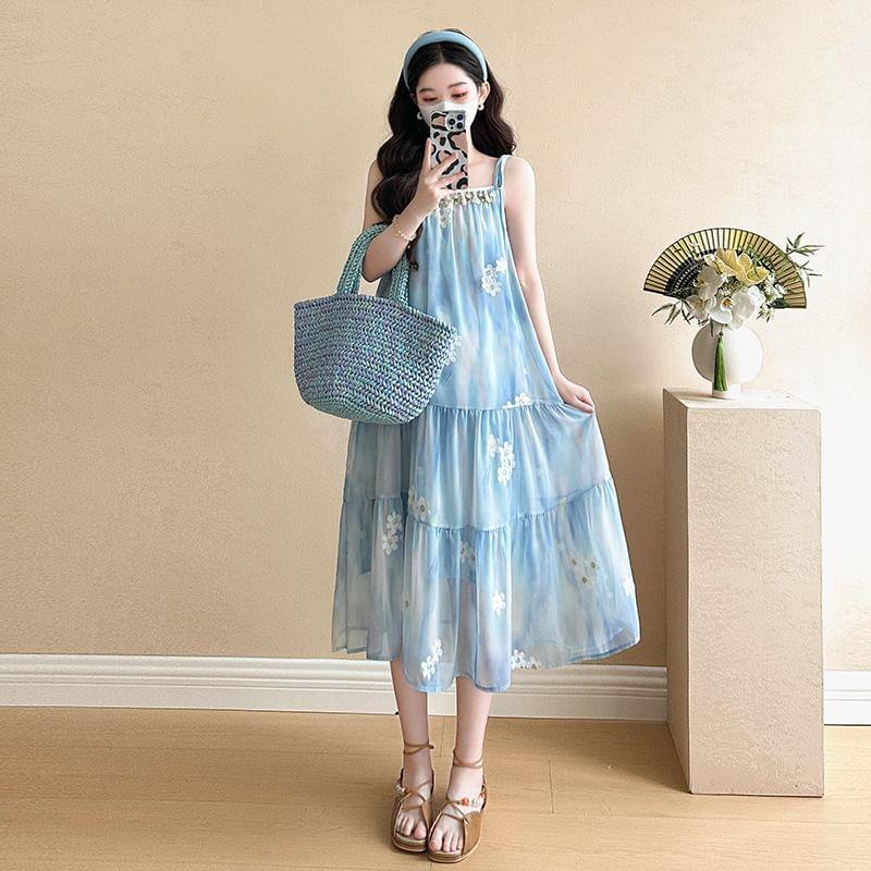 Maternity Spaghetti Strap Square Neck Floral Print Midi A-Line Dress / Lace Light Cardigan Product Image