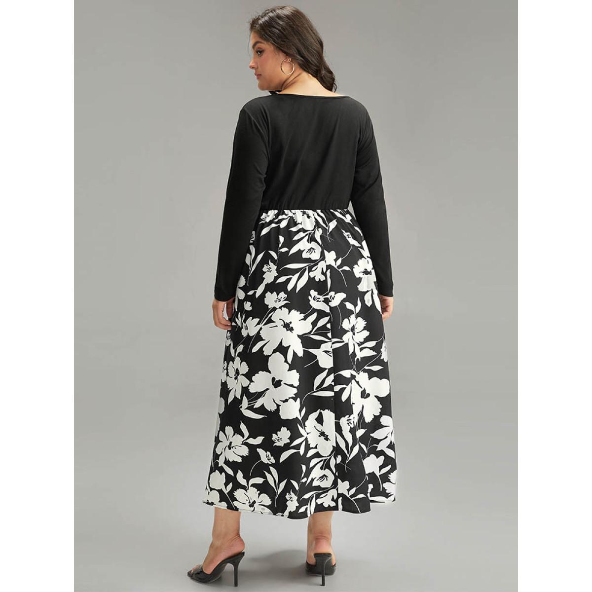 Plus Size Silhouette Floral Print Patchwork Button Detail Dress Black Women Elegant Printed V-neck Long Sleeve Curvy Midi Dress BloomChic 10/M Product Image