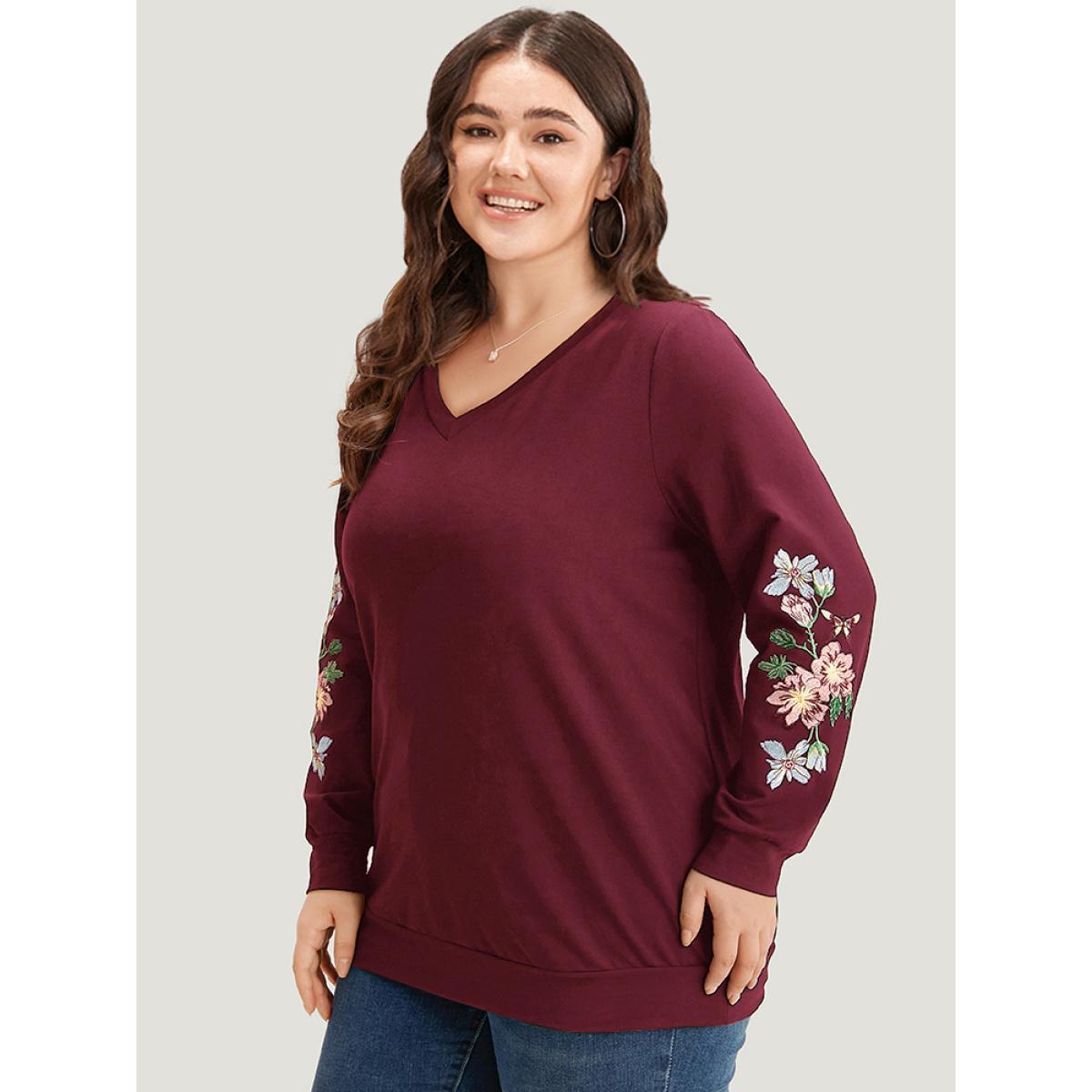 Plus Size Floral Embroidered Elastic Cuffs V Neck Sweatshirt Women DarkBlue Elegant Elastic cuffs V-neck Dailywear Sweatshirts BloomChic 22-24/3X Product Image