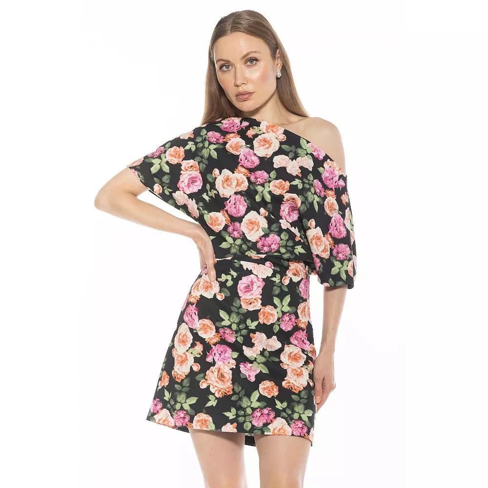 Women's ALEXIA ADMOR Draped Shoulder Mini A-Line Dress, Size: Small, Black Floral Product Image