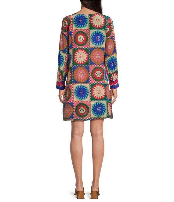 JOHNNY WAS Silk Tile Geometric Sun Print V-Neck Long Sleeve Cuffed Shift Dress Product Image