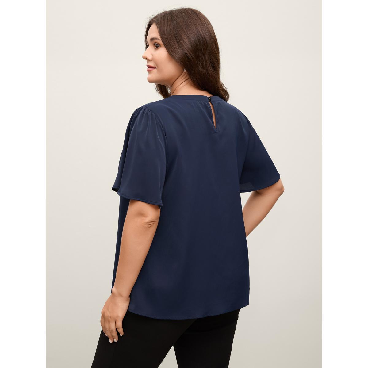 Plus Size DarkBlue Metal Clasp Neckline Lotus Leaf Sleeve Blouse Women Short sleeve Non Work Blouses BloomChic 28/5X Product Image