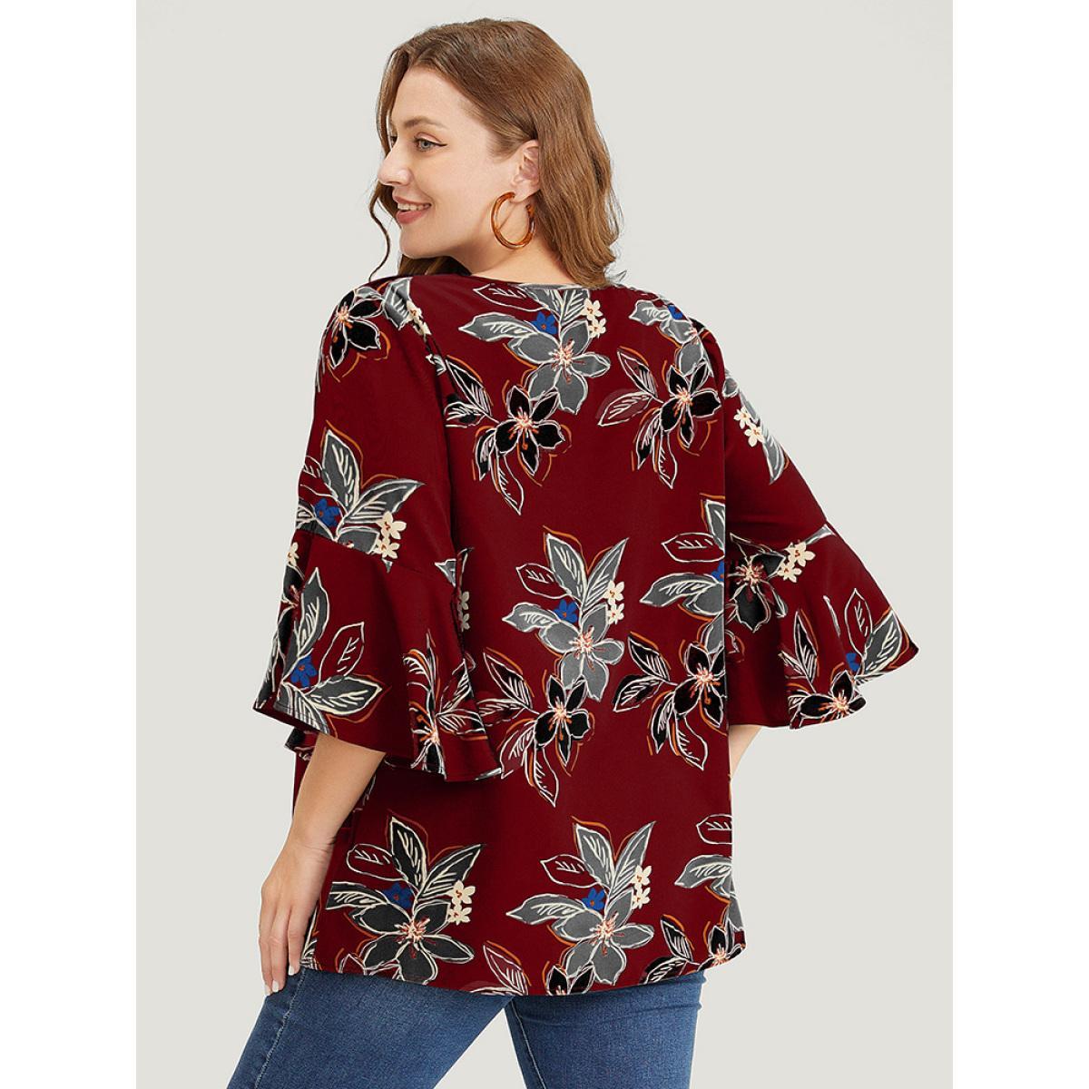 Plus Size Scarlet Floral Print Keyhole Neck Split Bell Sleeve Blouse Women Elegant Elbow-length sleeve Round Neck Dailywear Blouses BloomChic 14-16/1X Product Image