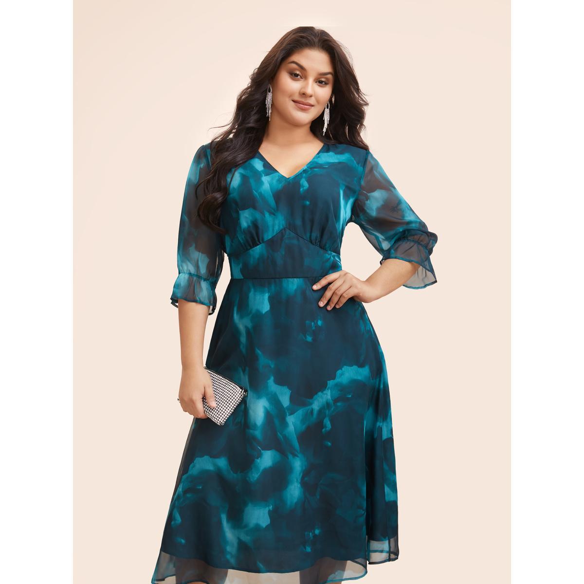 Plus Size Water Ripple Print Mesh Ruffles Shirred Dress Aegean Women Cocktail See through Party Curvy Bloomchic 30/6X Product Image