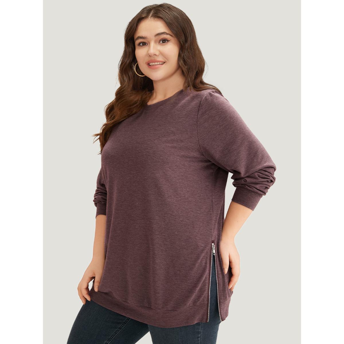 Plus Size Plain Zipper Round Neck Elastic Cuffs Sweatshirt Women Mauve Casual Elastic cuffs Round Neck Dailywear Sweatshirts BloomChic 10/M Product Image