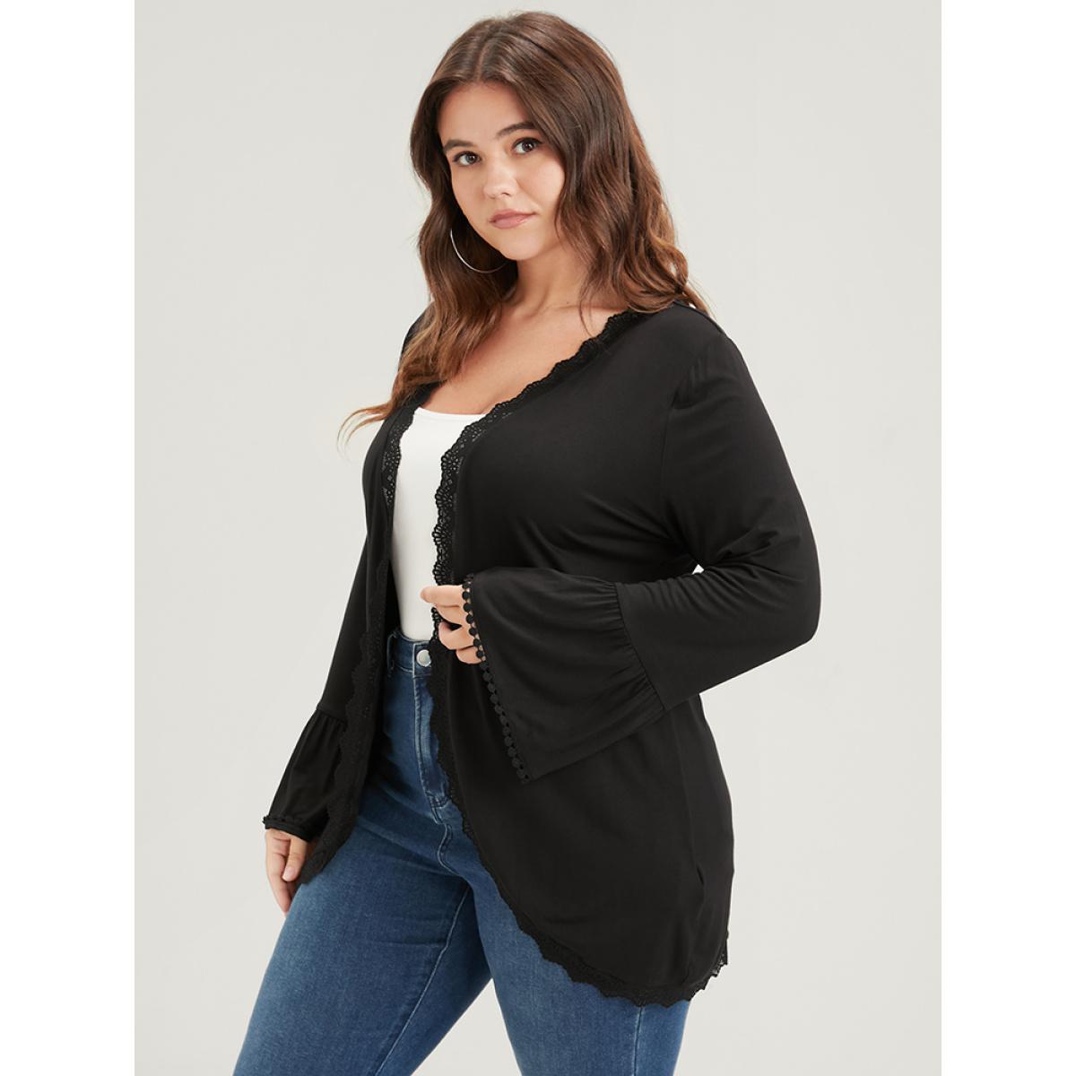 Plus Size Solid Ruffle Sleeve Lace Trim Coat Women Black Elegant Patchwork Ladies Dailywear Winter Coats BloomChic 18-20/2X Product Image