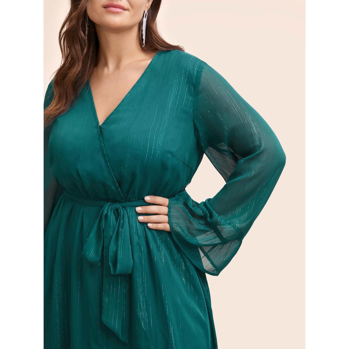 Plus Size Chiffon Overlap Collar Split Hem Dress Aegean Women Cocktail Texture Overlap Collar Long Sleeve Curvy BloomChic 10/M Product Image