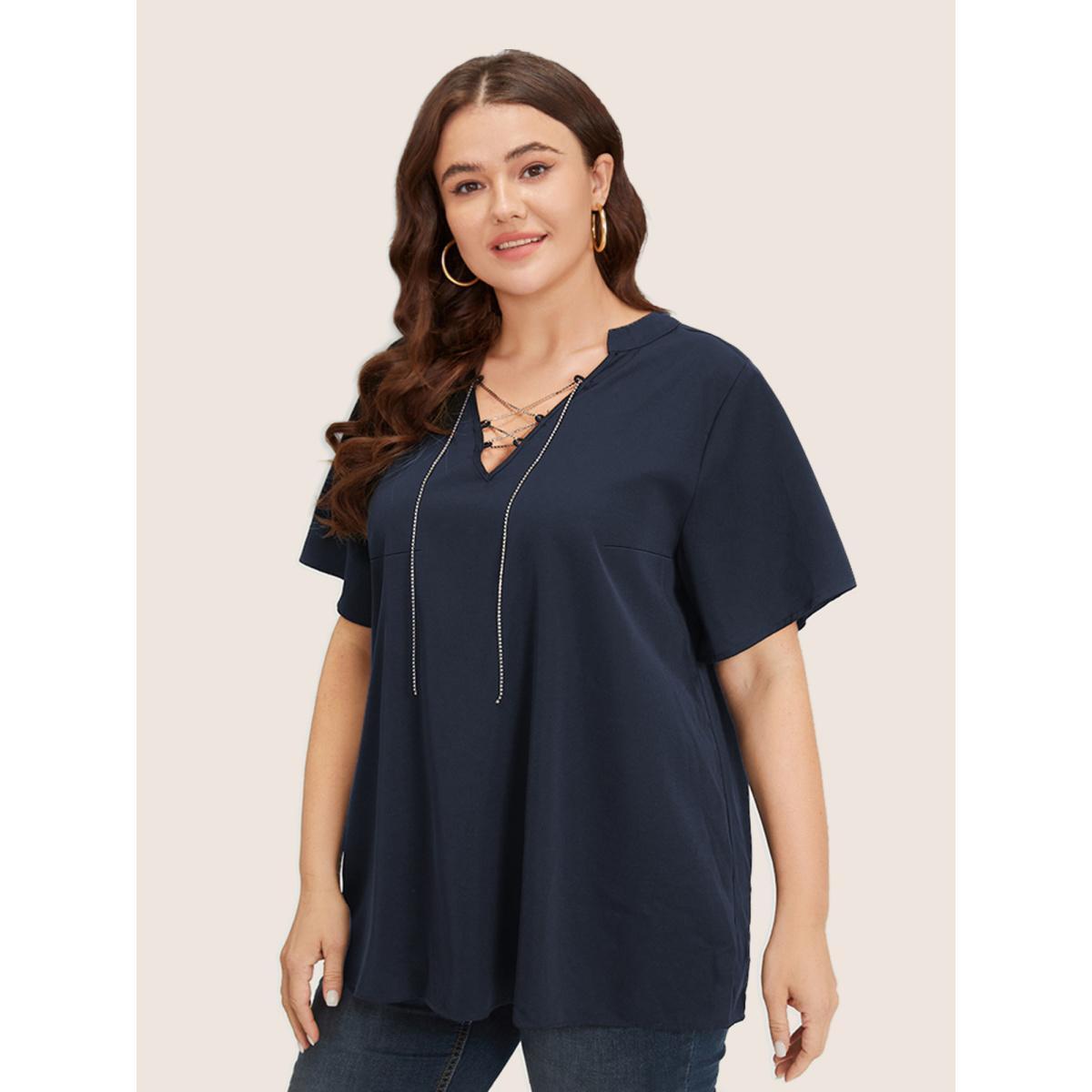 Plus Size Indigo Solid Crisscross Notched Metal Decor Blouse Women Office Short sleeve Notched collar Work Blouses BloomChic 18-20/2X Product Image