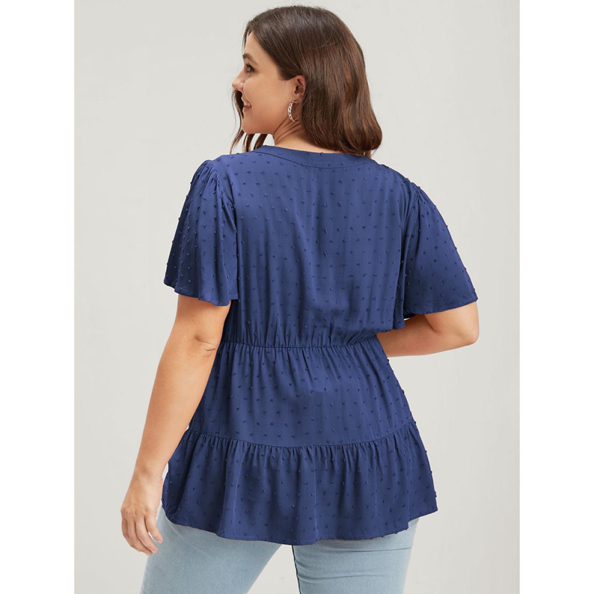 Plus Size DarkBlue Plain Crochet Lace Embroidered Ruffles Ties Neck Blouse Women Elegant Short sleeve V-neck Dailywear Blouses BloomChic 18-20/2X Product Image