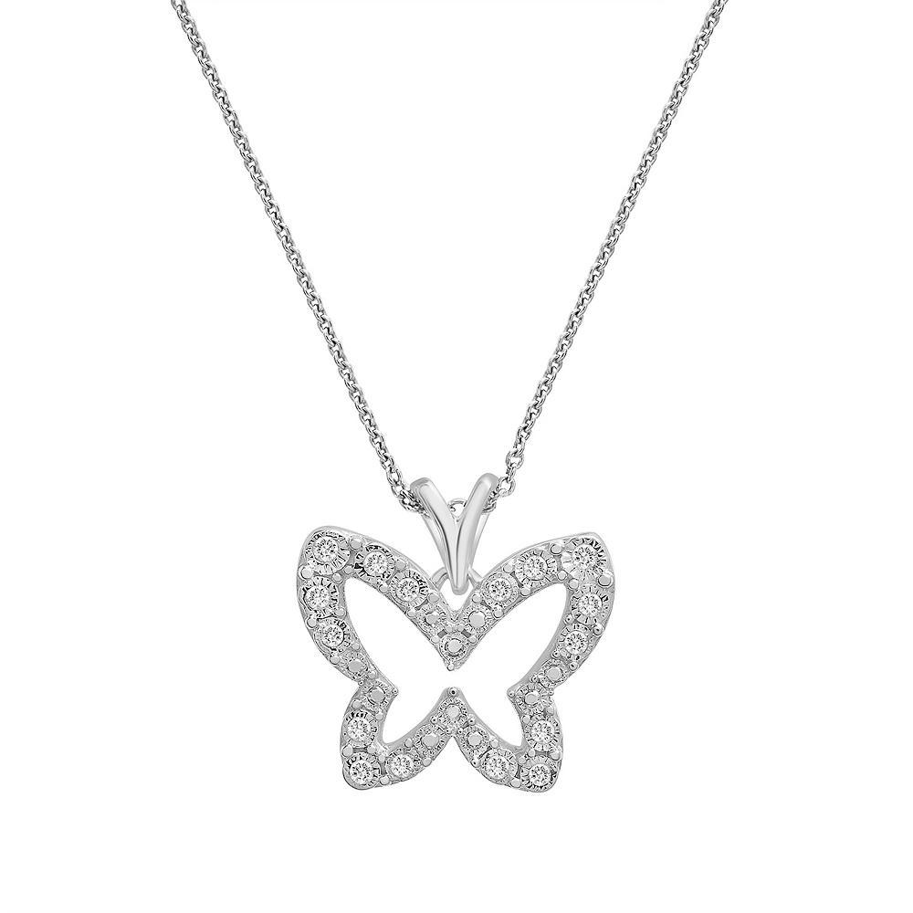 Sterling Silver 1/10 Carat T.W. Diamond Butterfly Pendant, Women's, Size: 18" Product Image