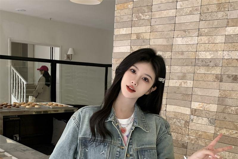 Collared Embroidered Washed Button-Up Denim Jacket Product Image