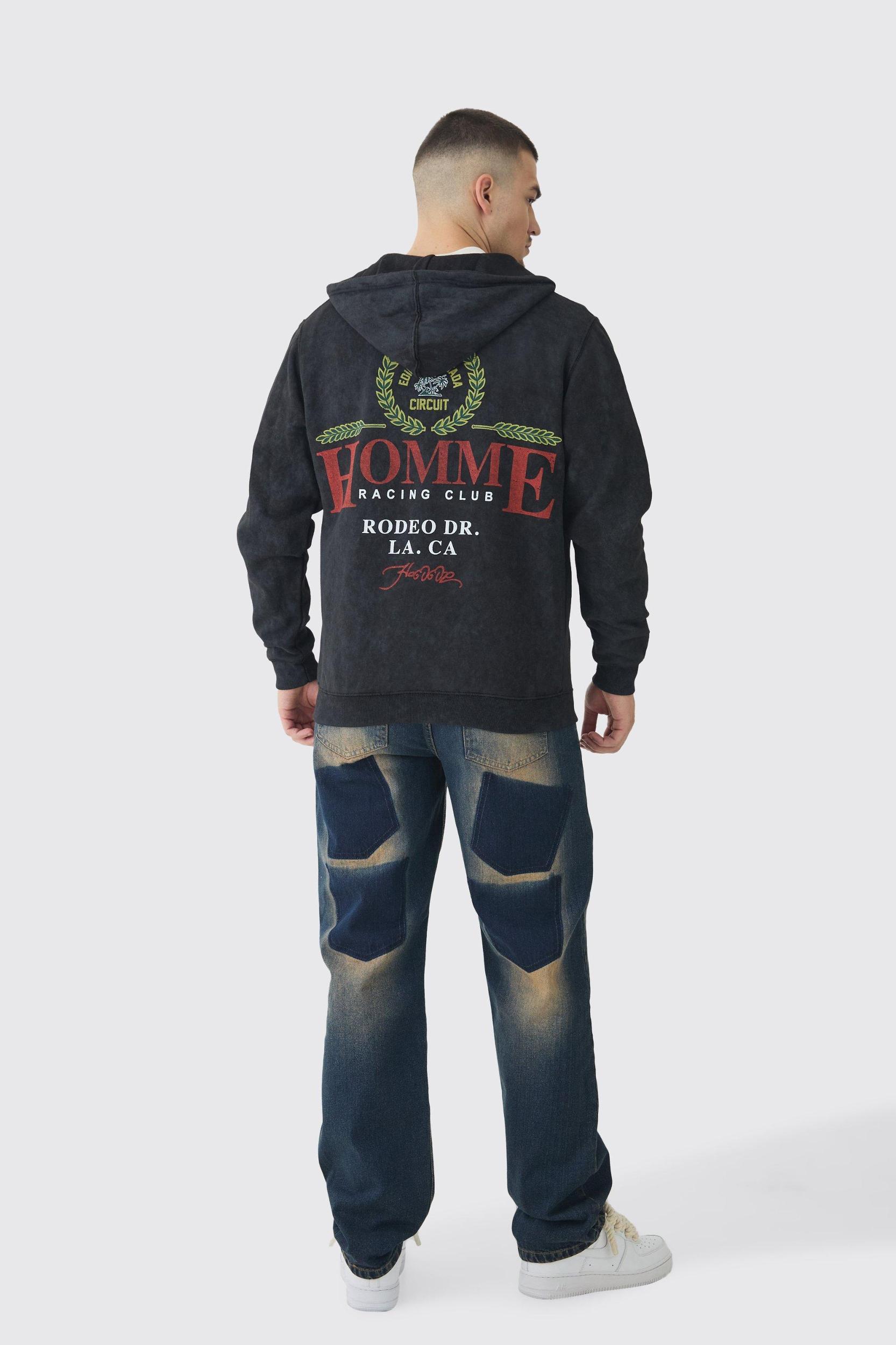 Tall Washed Racing Print Zip Through Hoodie | boohooMAN USA Product Image