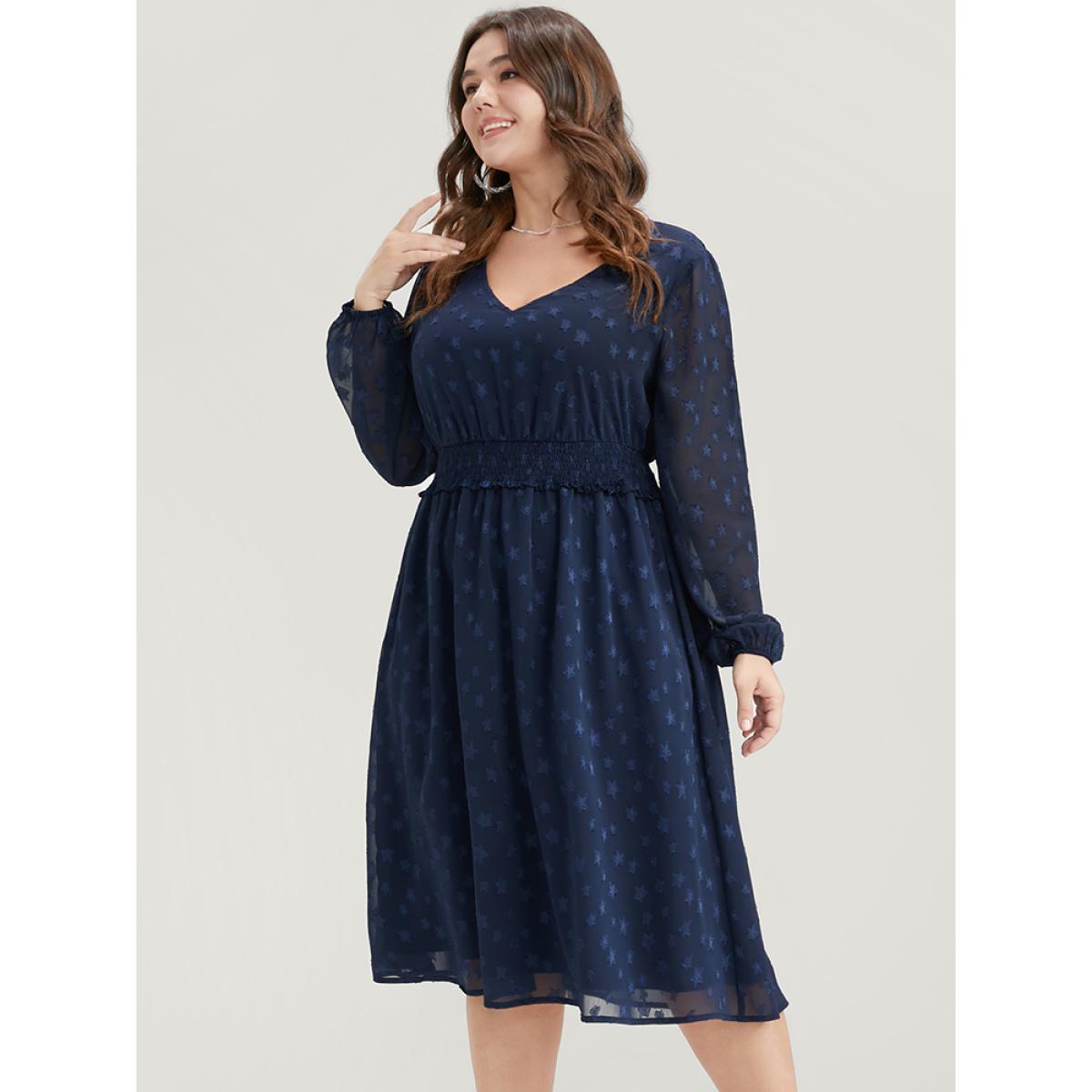 Plus Size Star Print Pocket Lantern Sleeve Shirred Chiffon Dress Navy Women Glamour Elastic Waist V-neck Long Sleeve Curvy Knee Dress BloomChic 30/6X Product Image