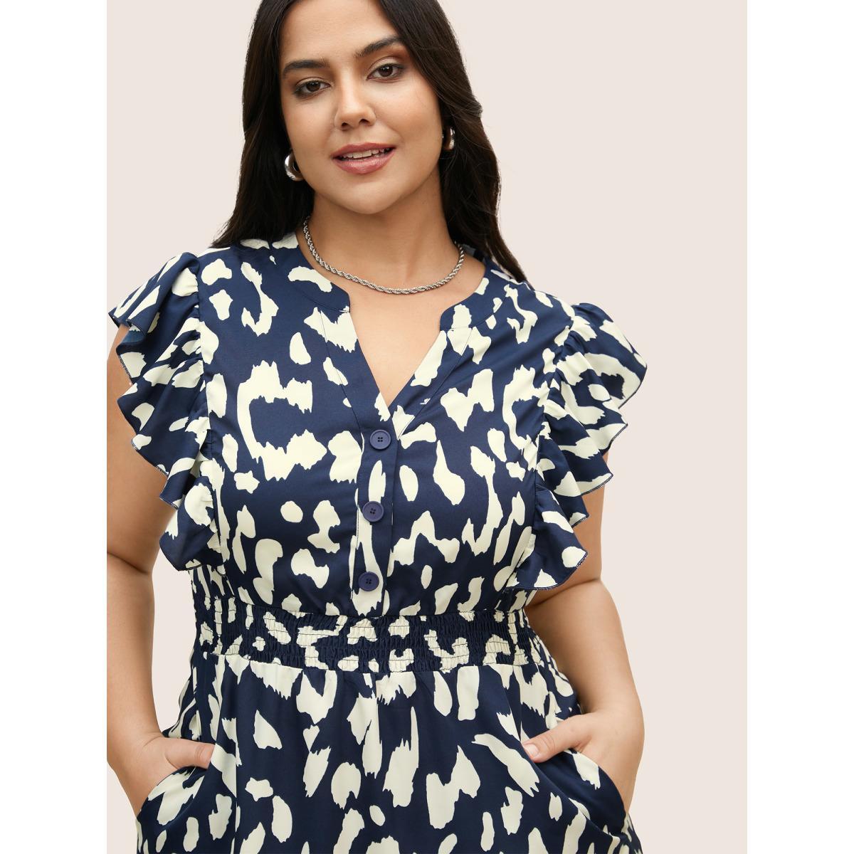Plus Size Notched Leopard Print Cap Sleeve Ruffles Dress Navy Women At the Office Notched collar Cap Sleeve Curvy BloomChic 10/M Product Image