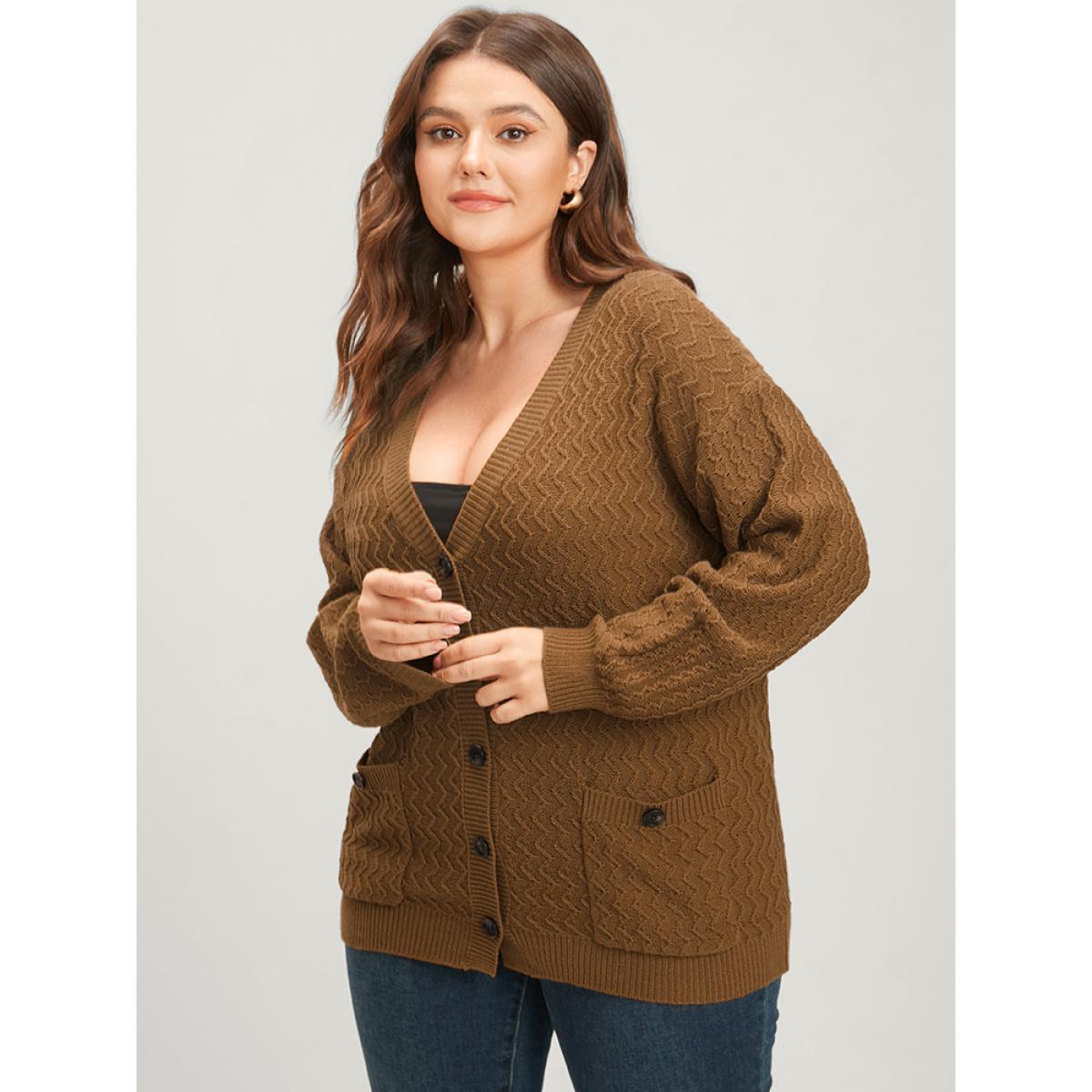 Plus Size Plain Pointelle Knit Geometric Crochet Pocket Button Front Cardigan Bronze Women Casual Loose Long Sleeve Dailywear Cardigans BloomChic 12/L Product Image