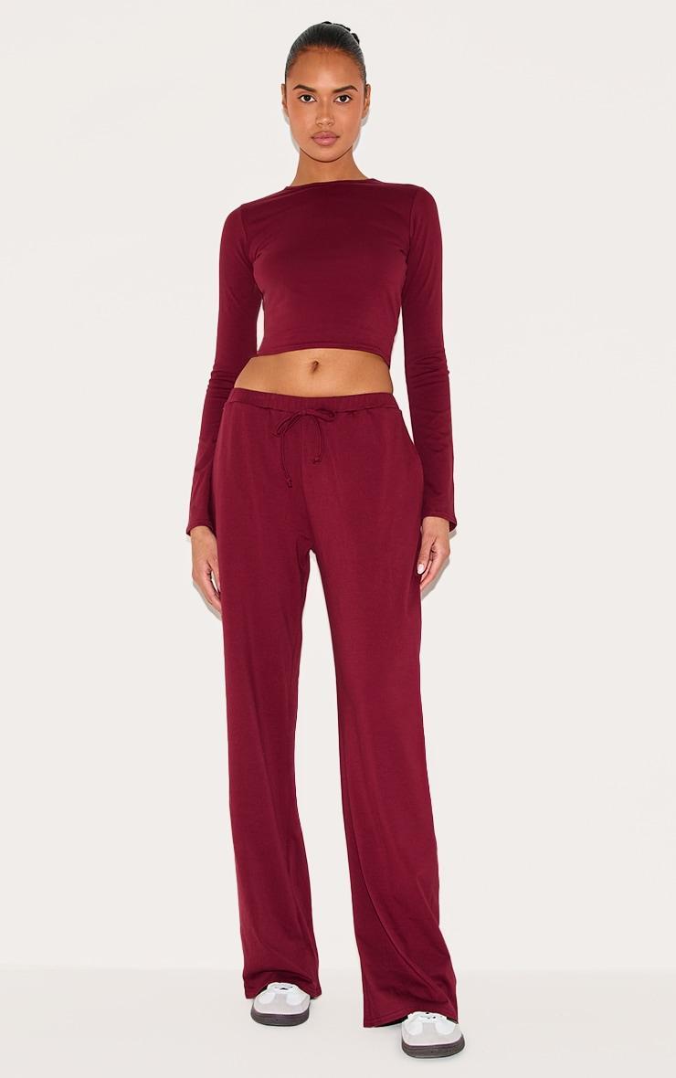 Burgundy Cotton Long Sleeve Crew Neck Top Product Image