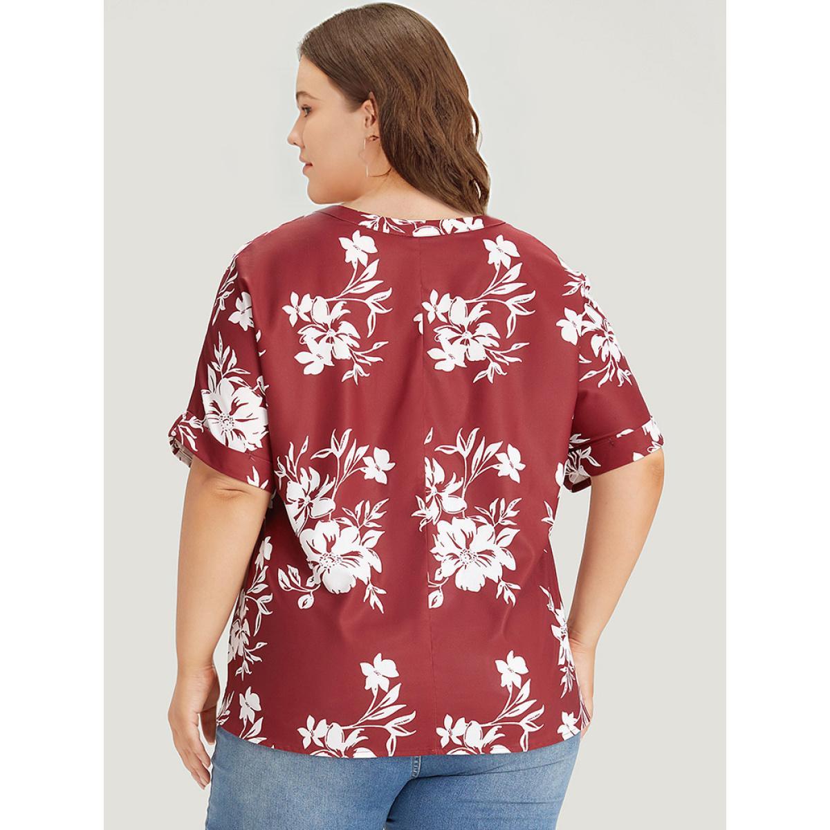Plus Size Multicolor Silhouette Floral Print Notched Roll Sleeve Blouse Women Elegant Short sleeve V-neck Dailywear Blouses BloomChic 10/M Product Image
