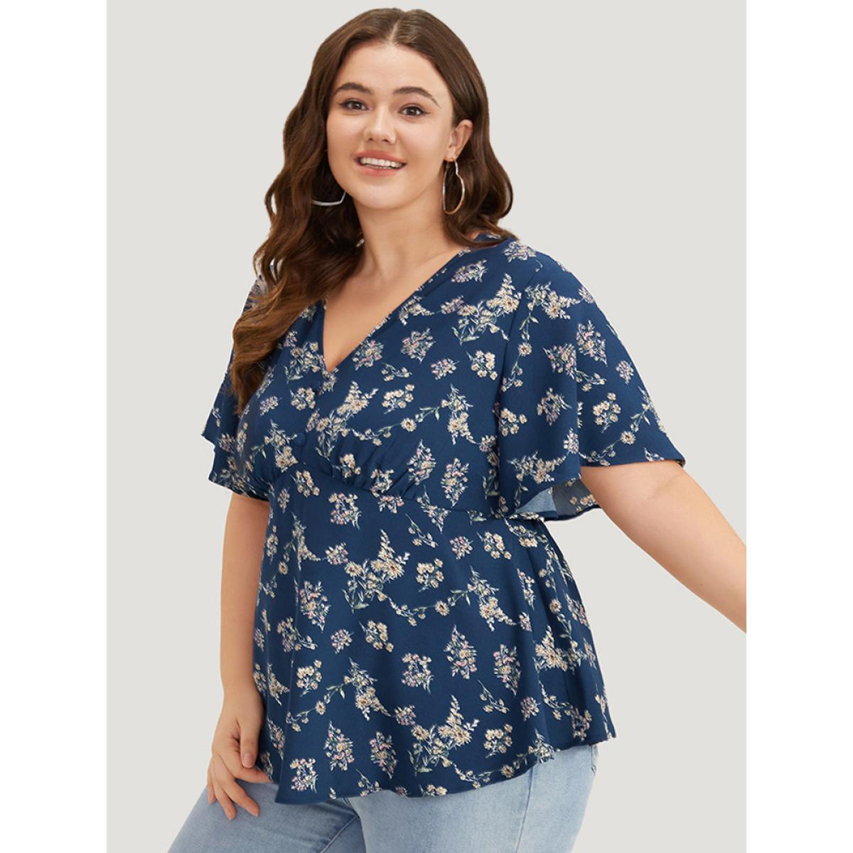 Plus Size Indigo Floral Print Flutter Sleeve Button Detail Blouse Women Elegant Short sleeve V-neck Dailywear Blouses BloomChic 18-20/2X Product Image