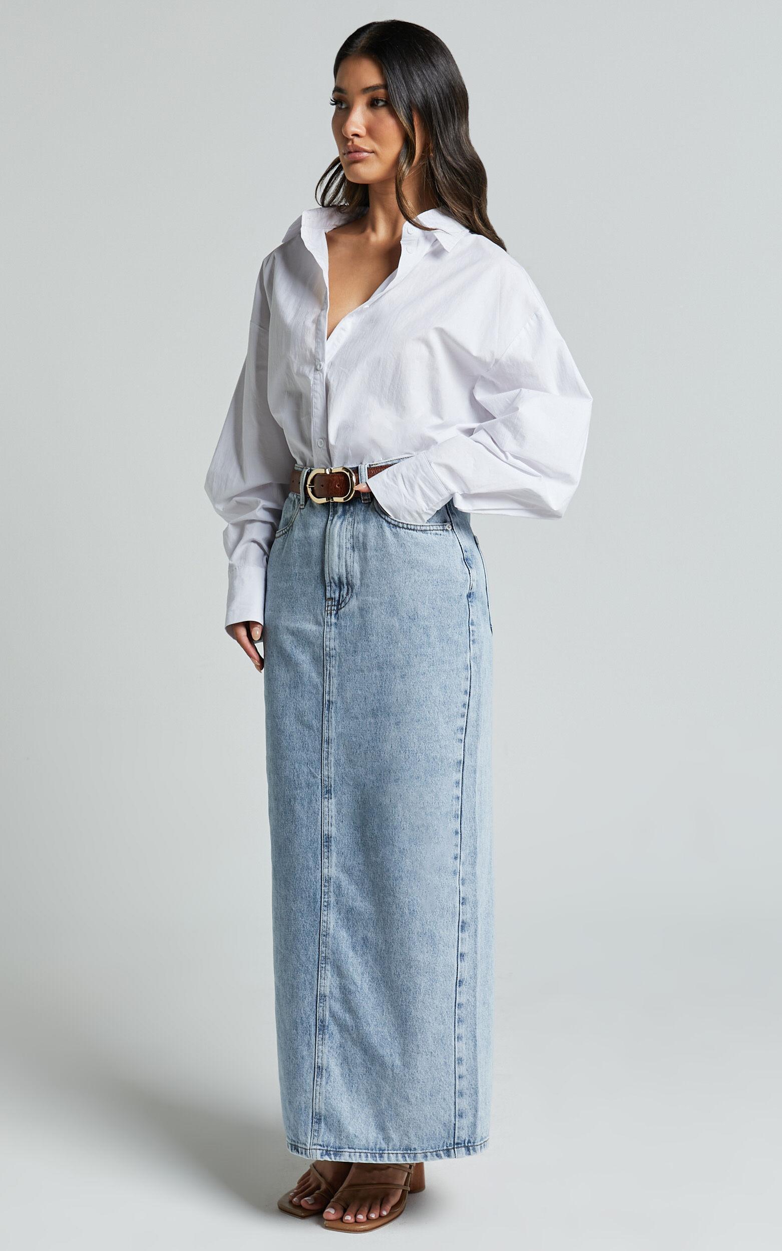 Bailee Midi Skirt - Denim Column Back Split Skirt in Light Blue Wash Product Image