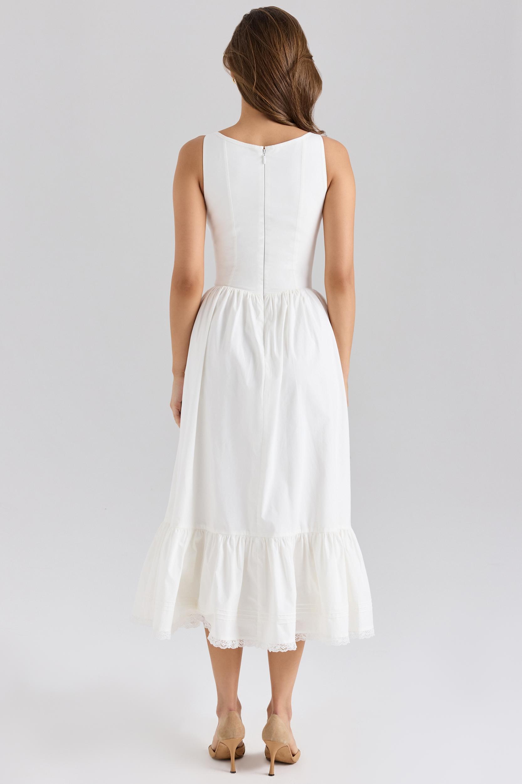 Sienna  white stretch cotton lace up midi dress Product Image
