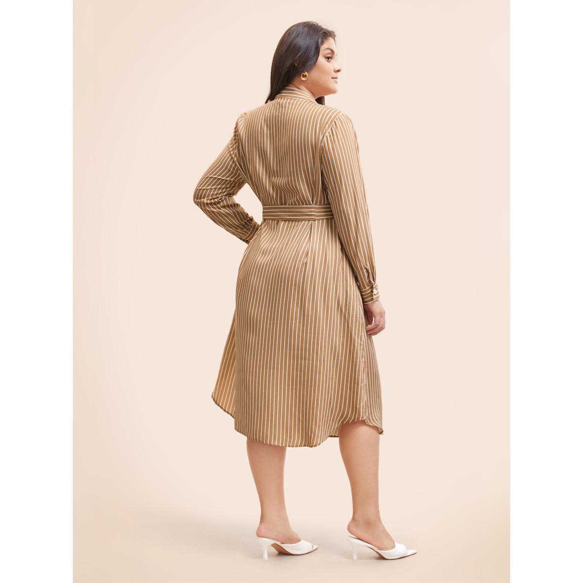 Plus Size Striped Shirt Collar Curved Hem Midi Dress LightBrown Women Workwear Essentials Belted Shirt collar Long Sleeve Curvy BloomChic 22-24/3X Product Image