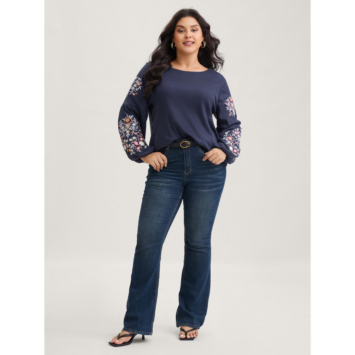 Plus Size Waffle Knit Floral Embroidered Lantern Sleeve T-shirt Indigo Women Elegant Texture Floral Round Neck Everyday T-shirts BloomChic 28/5X Product Image