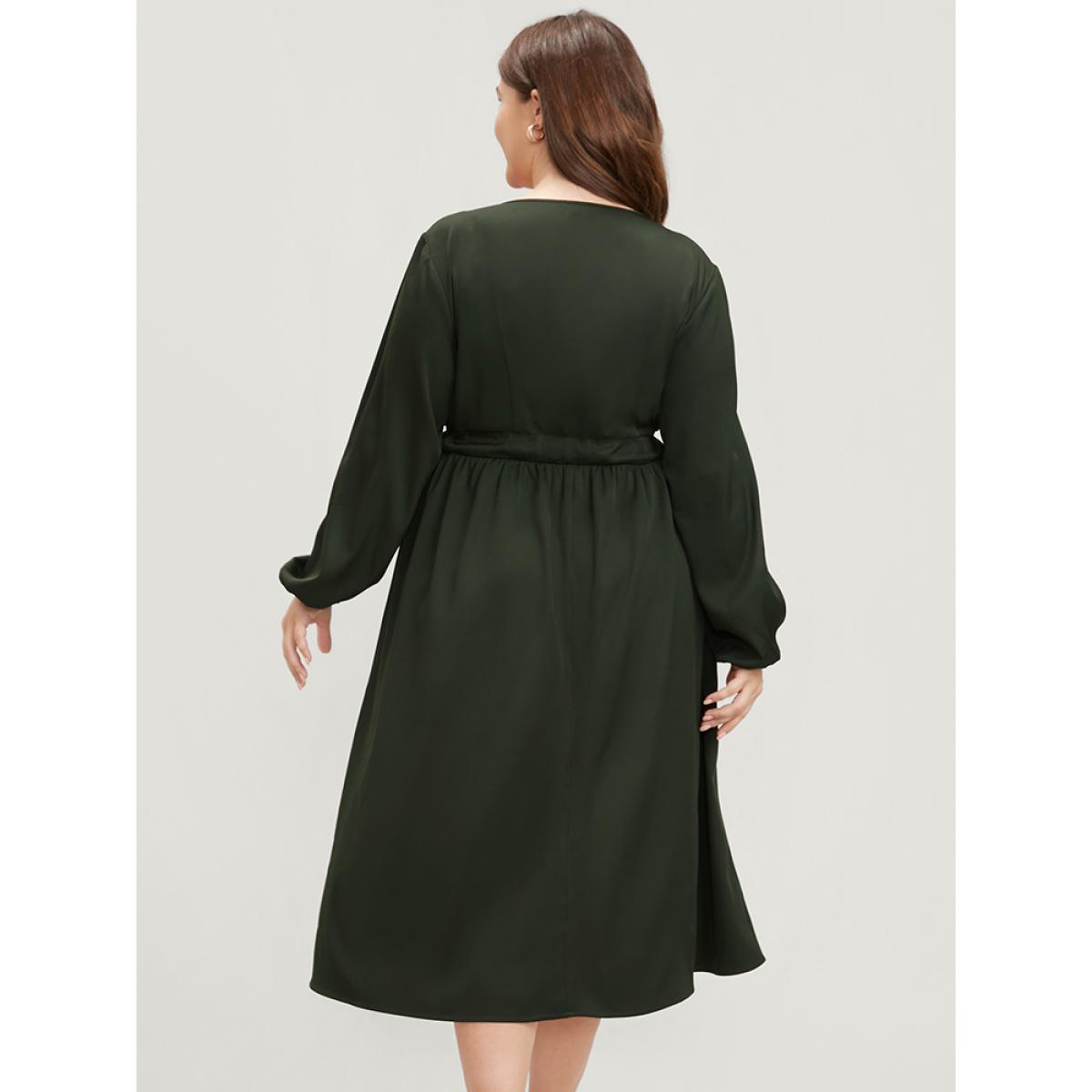 Plus Size Solid Button Through Pocket Lantern Sleeve Tie Up Dress ArmyGreen Women Office Belted V-neck Long Sleeve Curvy Midi Dress BloomChic 22-24/3X Product Image