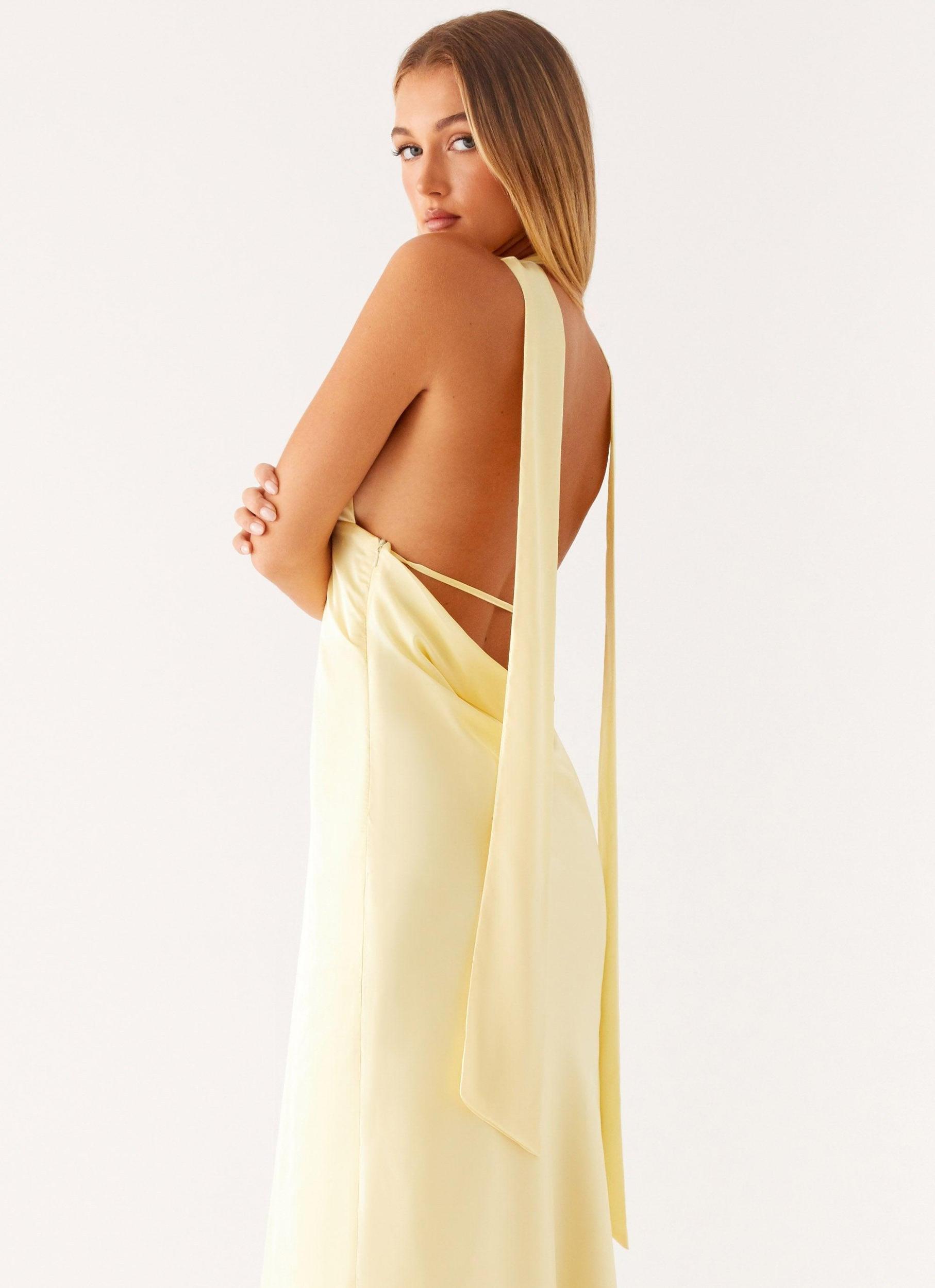 Alicia Satin Halter Maxi Dress - Yellow Product Image