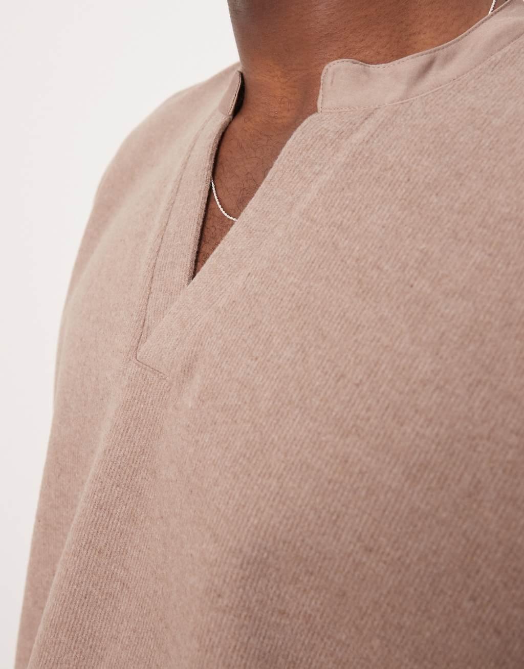ASOS DESIGN oversized boxy v-neck lightweight sweater in brushed rib in brown Product Image