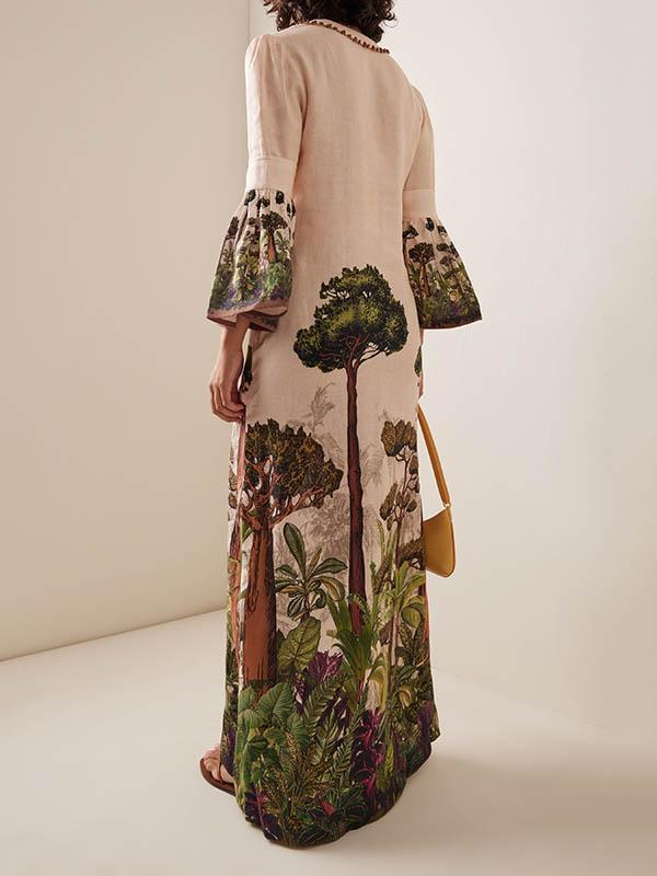 Flared Sleeves Loose Leaves Print V-Neck Maxi Dresses Product Image