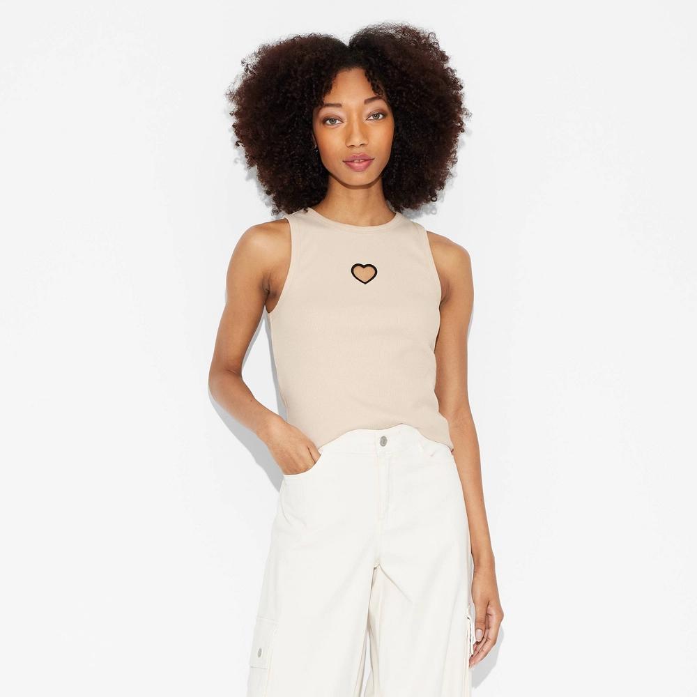 Womens Long Line Tank Top - Wild Fable Beige S: Cotton-Spandex Blend, Highneck, Sleeveless, Hearts Pattern, Machine Washable Product Image