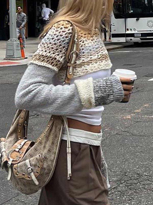 Super Crop Long Sleeve Knit Striped Crochet Top Product Image