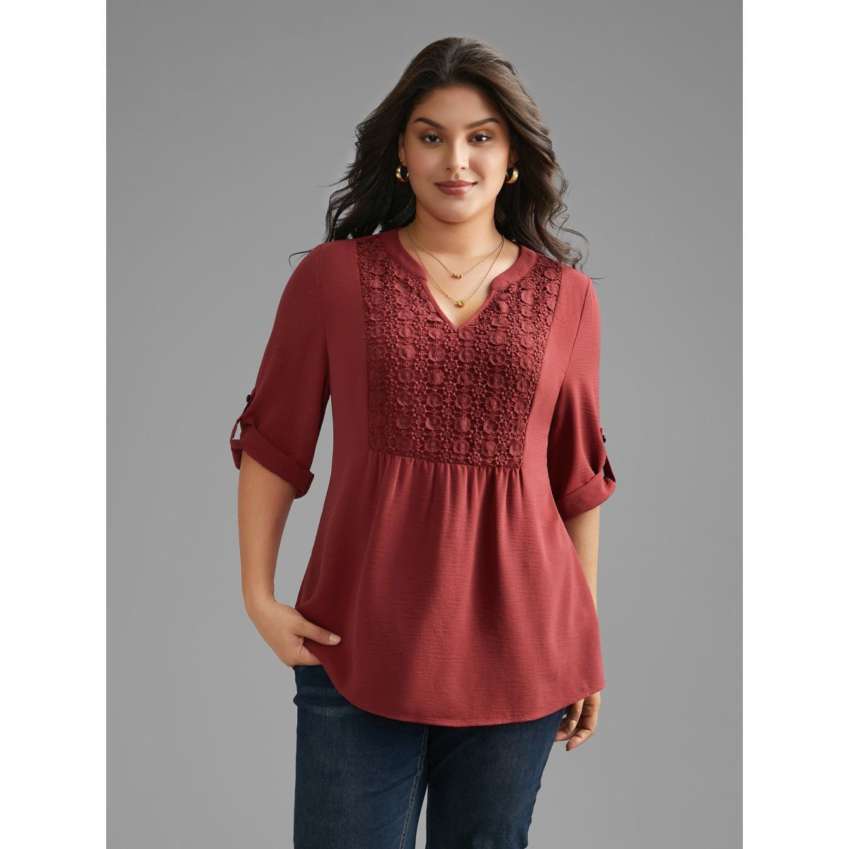 Plus Size Russet Notched Lace Panel Tab Sleeve Blouse Women Elegant Elbow-length sleeve Flat collar with V-notch Everyday Blouses BloomChic 18-20/2X Product Image