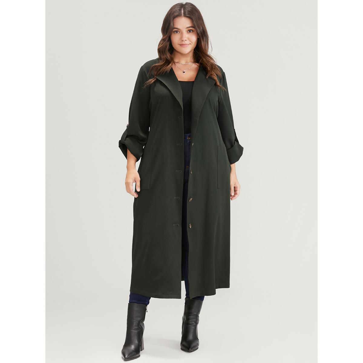 Plus Size Solid Cuffed Sleeve Belted Pocket Button Up Trench Coat Women ArmyGreen Casual Plain Ladies Dailywear Winter Coats BloomChic 12/L Product Image