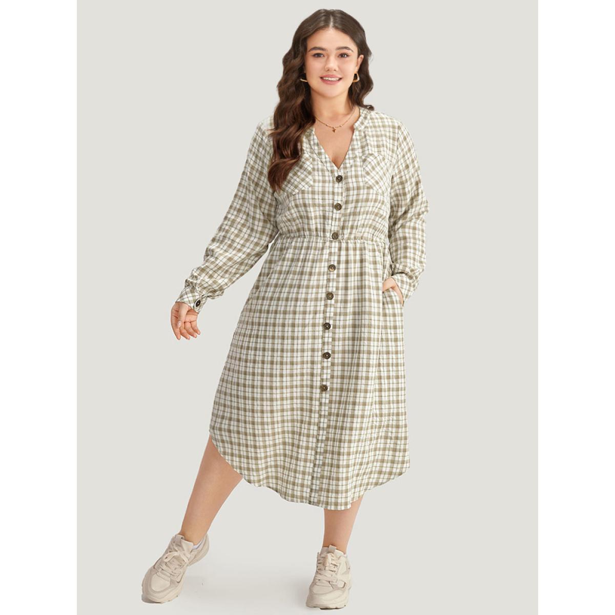 Plus Size Gingham Button Through Arc Hem Dress Sage Women Casual Printed Notched collar Long Sleeve Curvy Midi Dress BloomChic 10/M Product Image