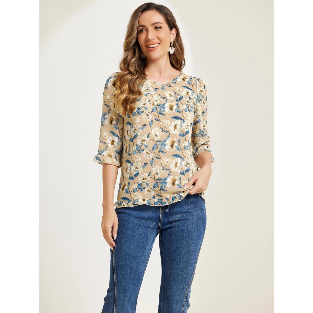 INSPIRE CHIC Women's Round Neck Ruffle 3/4 Sleeve Floral Print Chiffon Blouse Product Image