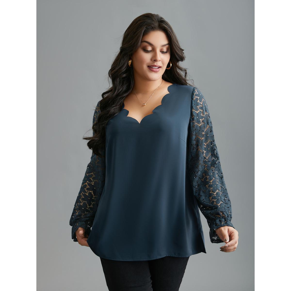 Plus Size Indigo Sheer Floral Sleeve Scalloped Neck Shirt Women Elegant Long Sleeve V-neck Everyday Blouses BloomChic 12/L Product Image