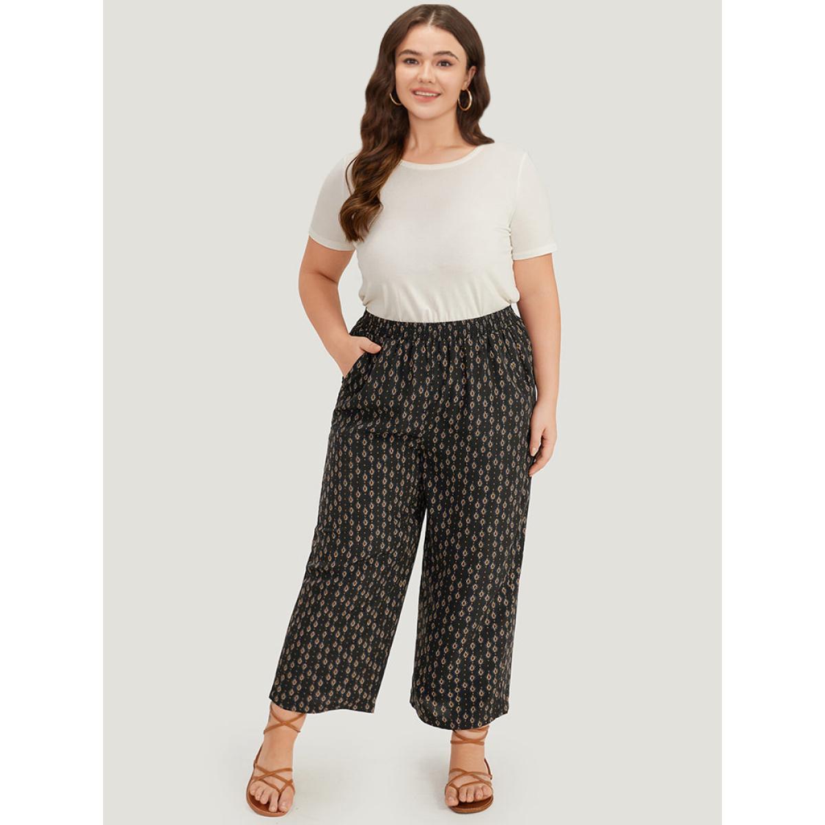 Plus Size Boho Print Pocket Elastic Waist Pants Women Black Casual High Rise Dailywear Pants BloomChic 22-24/3X Product Image