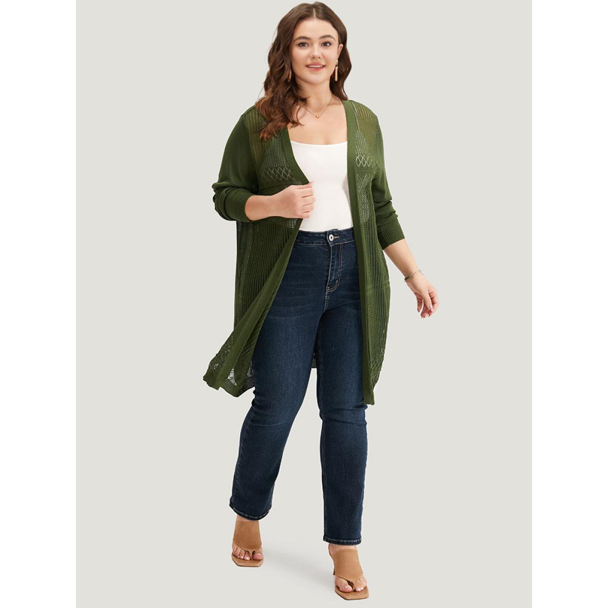 Plus Size Geometric Open Front Hollow Out Cardigan Moss Women Casual Loose Long Sleeve Dailywear Cardigans BloomChic 28/5X Product Image