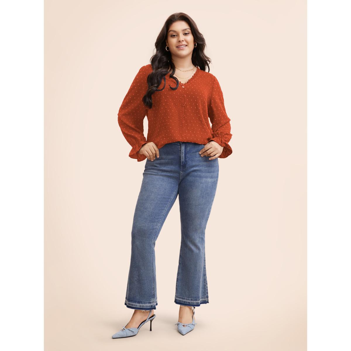 Plus Size Rust Textured Lace Trim Patchwork Ruffles Blouse Women Elegant Long Sleeve V-neck Everyday Blouses BloomChic 18-20/2X Product Image